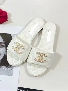 White Quilted Slide Mules with Gold CC Chain